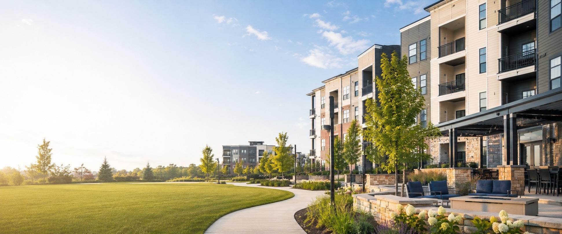 Modern multifamily property with integrated building technology infrastructure managed by Synergy Fiber